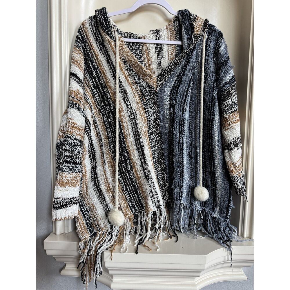 POL Boho Gray Blue, Tan, Black, Cream Striped Fringe Hoodie Oversized Size Small